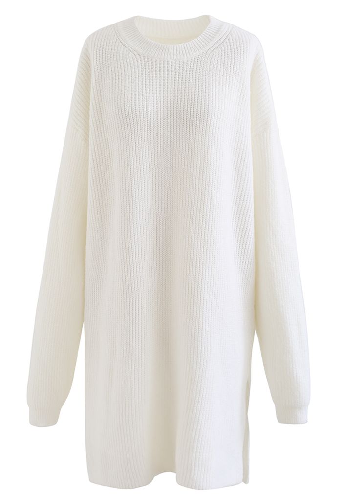 Pulloverkleid aus Rippstrick mit Rundhalsausschnitt in Weiß