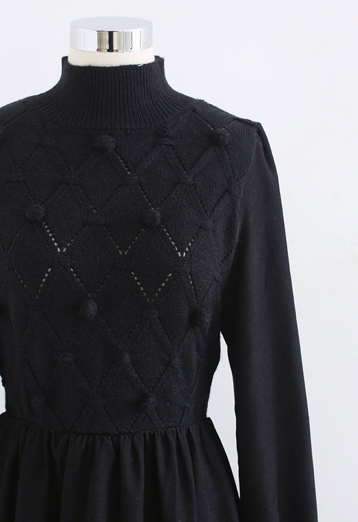 Pom-Pom Diamond Knit Spleißkleid in Schwarz