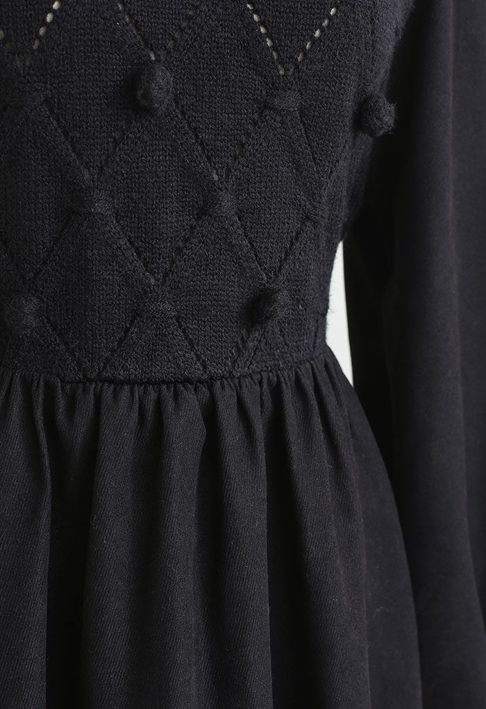 Pom-Pom Diamond Knit Spleißkleid in Schwarz