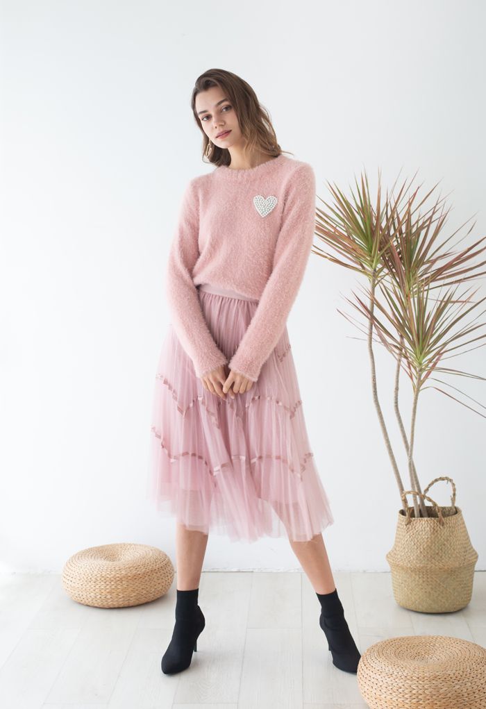 Weicher Fuzzy-Strickpullover mit Pearly Heart Patch in Rosa