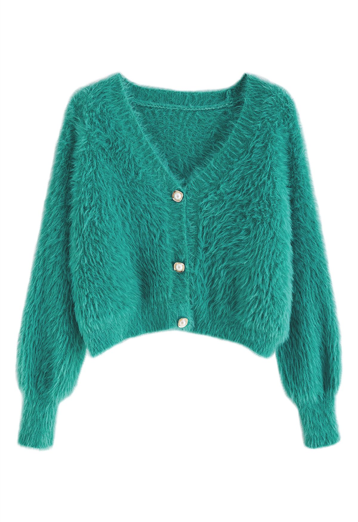 Fuzzy Cami Top und Pearly Buttoned Cardigan Set in Türkis