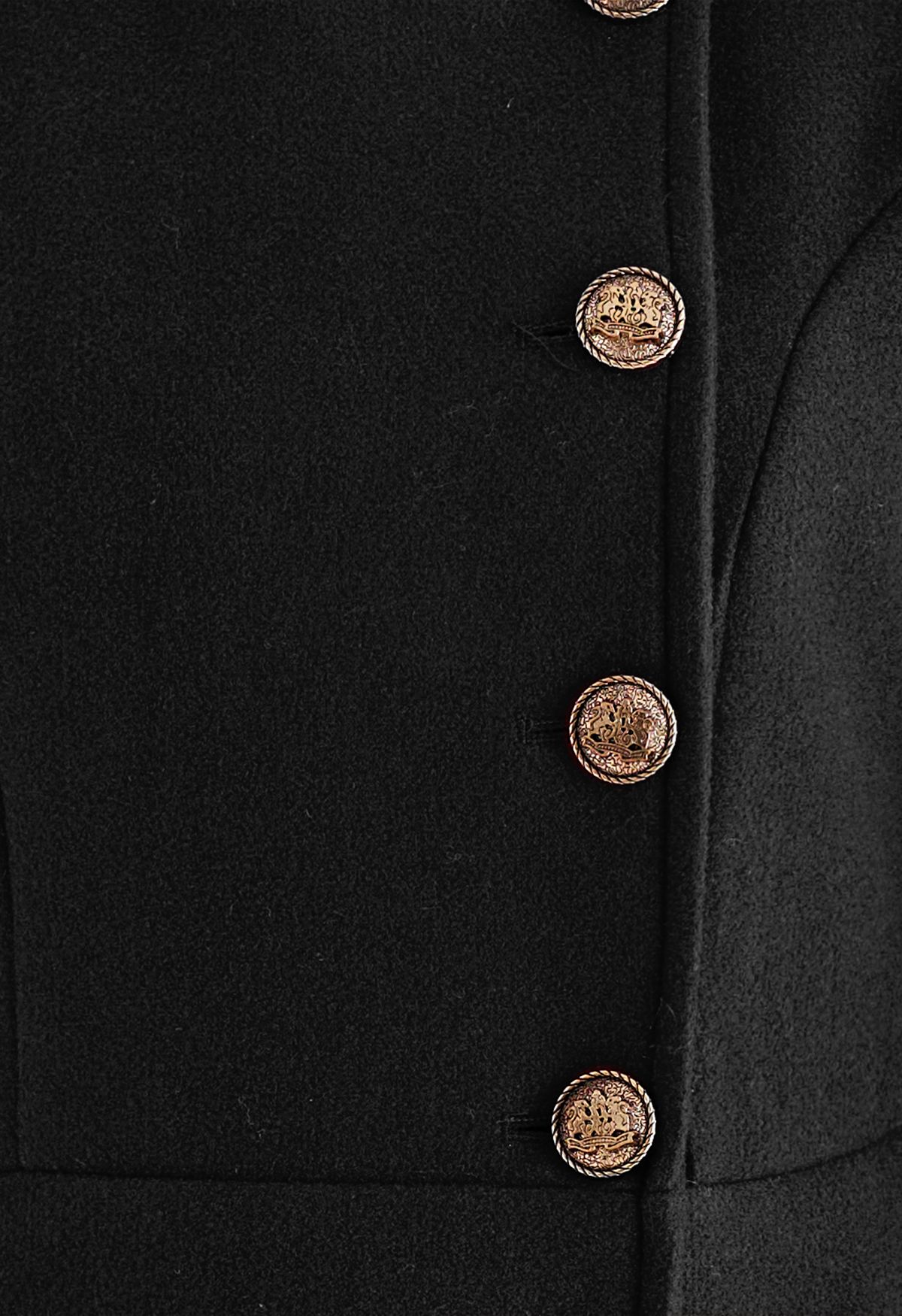 Modischer, langer Mantel aus Wollmischung mit goldenen Knöpfen in Schwarz