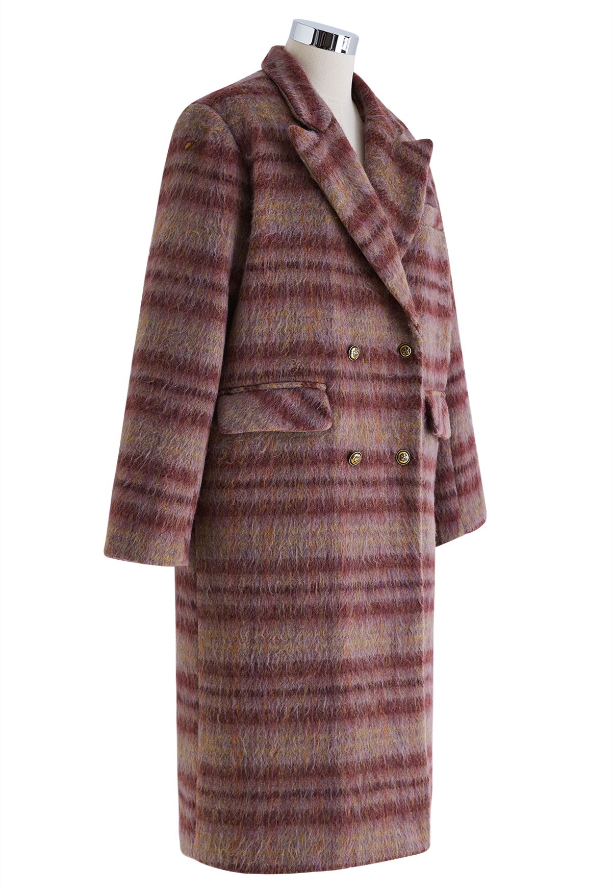 Langer Mantel aus Wollmischung mit Karomuster und spitzem Revers in Beere