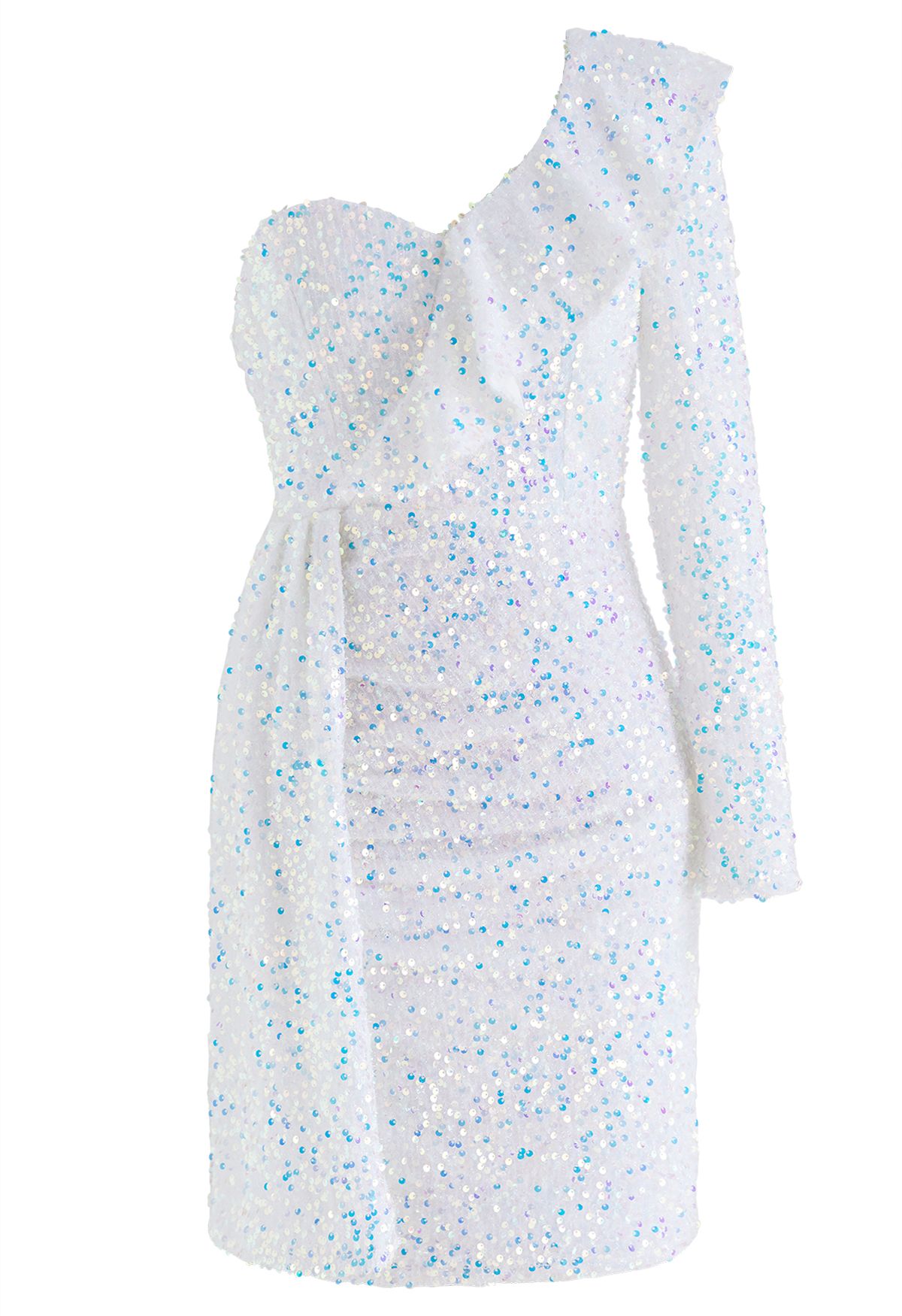 Rüschen One-Shoulder-Kleid mit buntem Paillettenbesatz in Weiß
