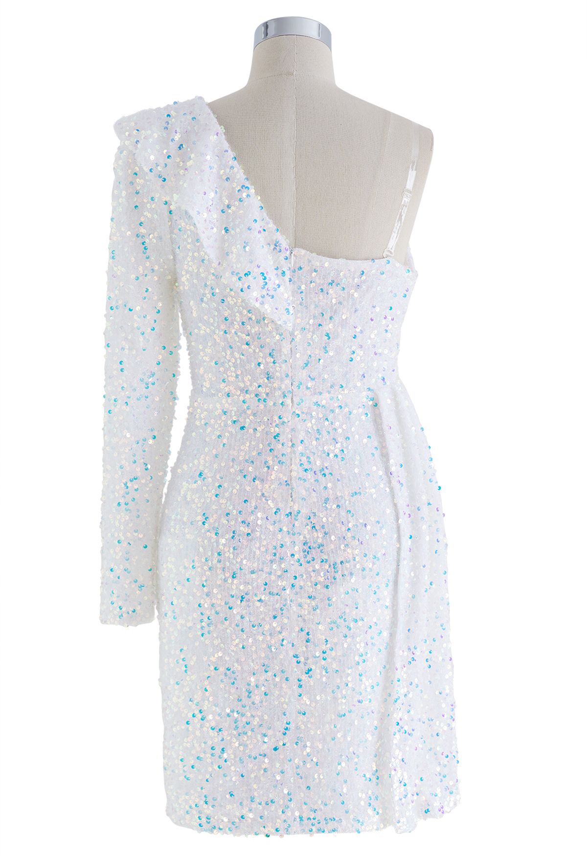 Rüschen One-Shoulder-Kleid mit buntem Paillettenbesatz in Weiß