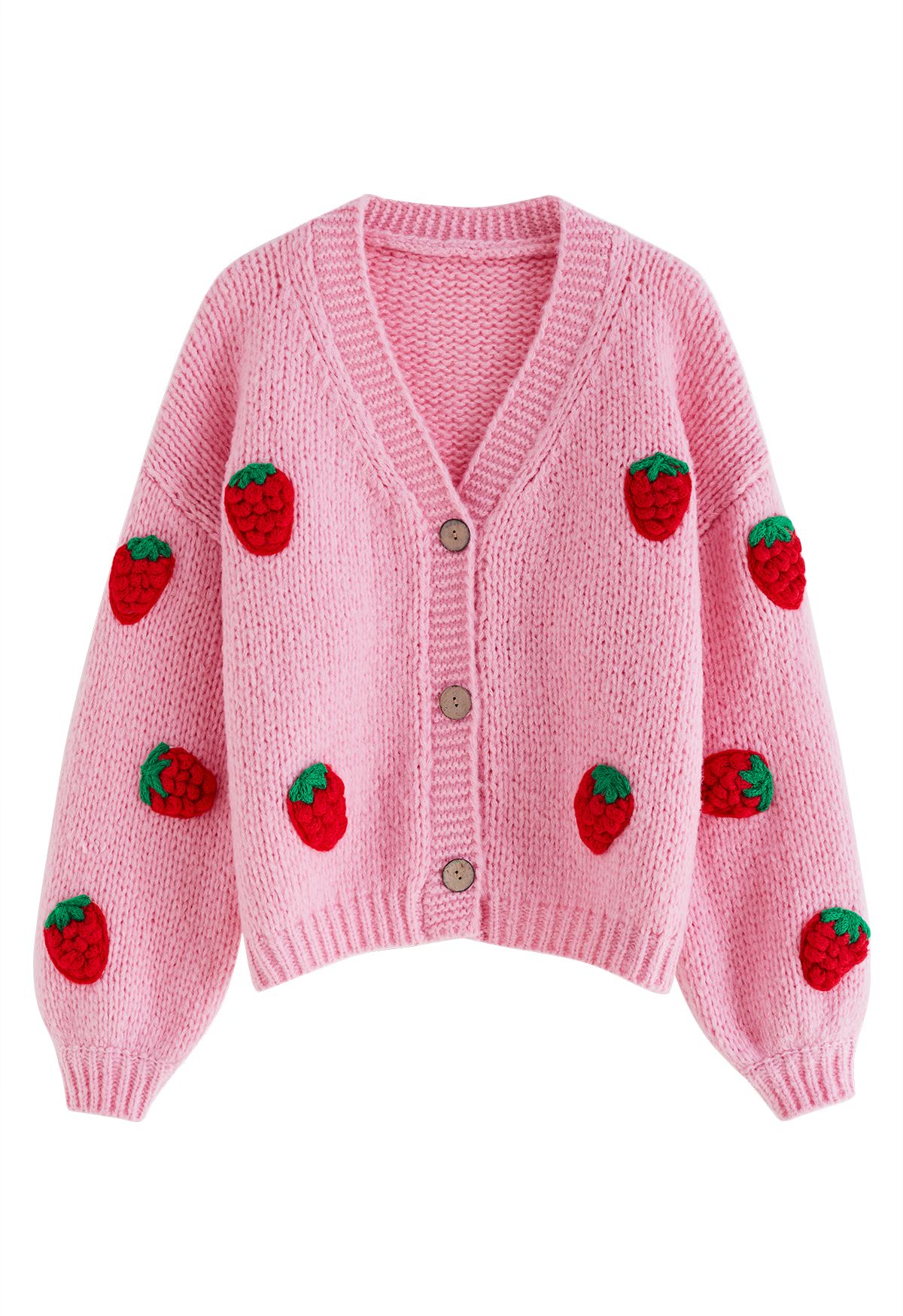 Stitch Strawberry Button Up Handgestrickte Strickjacke in Bonbonrosa