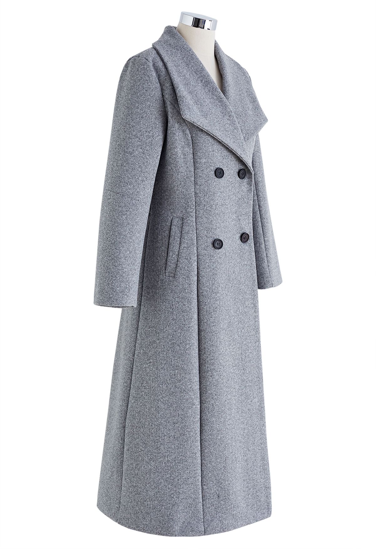 Zweireihiger, ausgestellter, langer Mantel mit breitem Revers in Grau