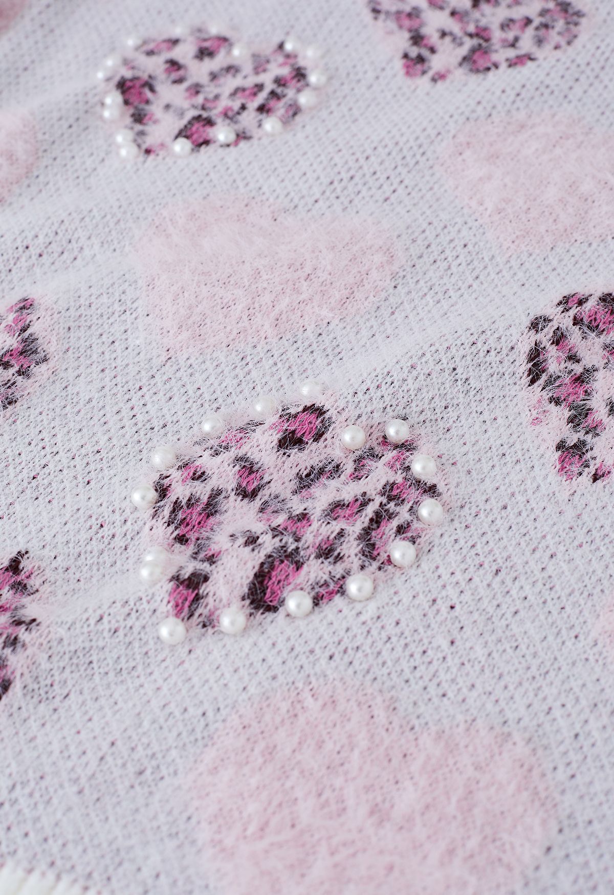 Fuzzy Pearly Leopard Heart Strickpullover