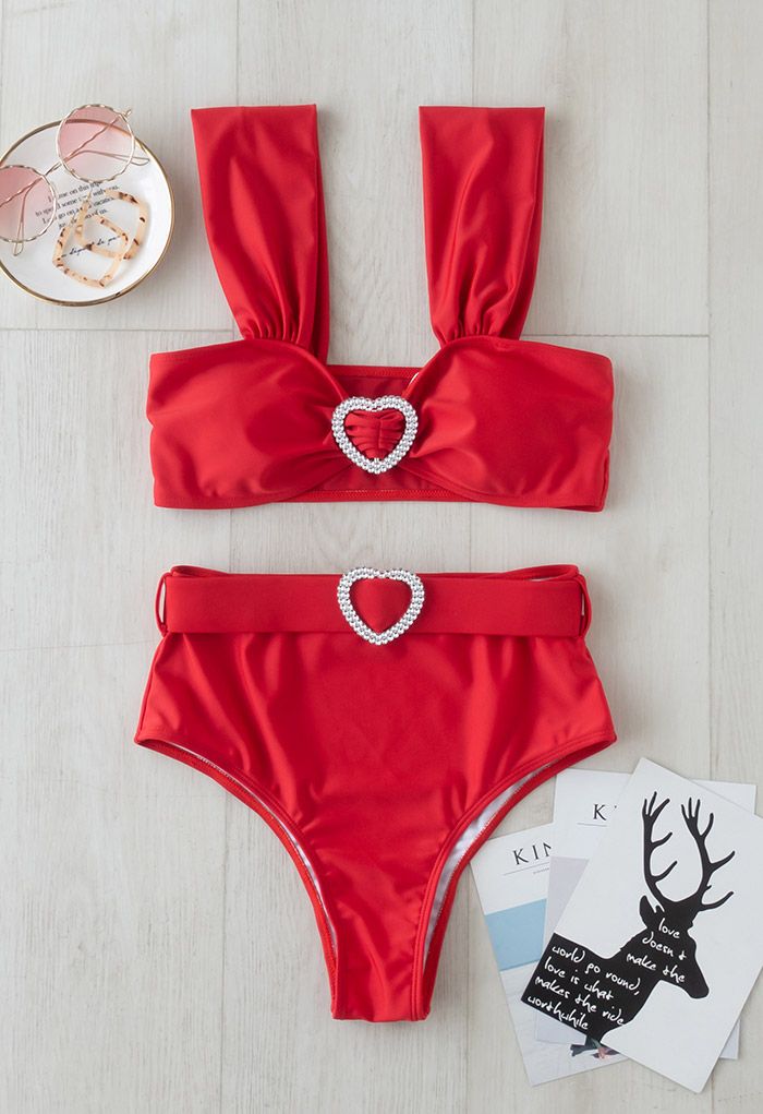 Kristall Herz Riemchen Bikini Set in Rot