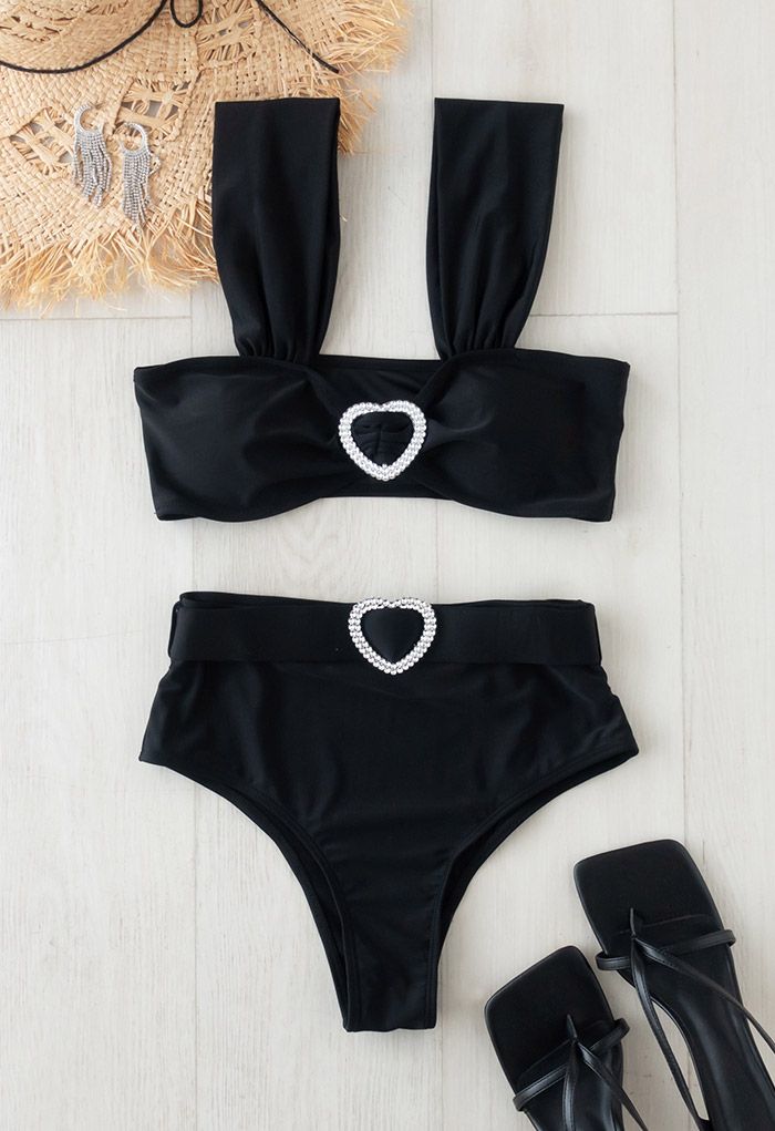 Kristall Herz Riemchen Bikini Set in Schwarz
