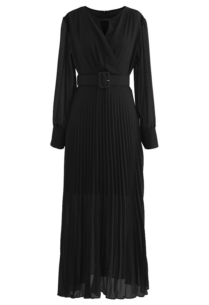 Fließendes, plissiertes Maxi-Wickelkleid aus Chiffon in Schwarz