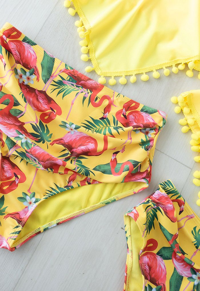 Bikini-Set mit niedlichem Ballbesatz und Flamingo-Print für Mama und Kinder