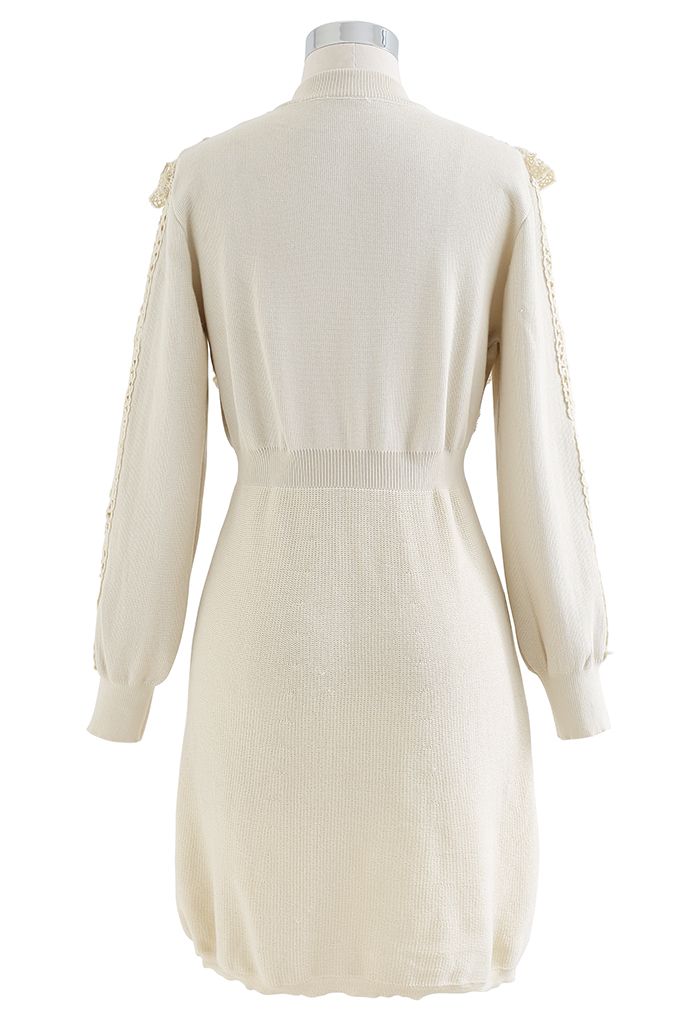 Lace Trims Ribbed Skater Knit Dress in Cream
