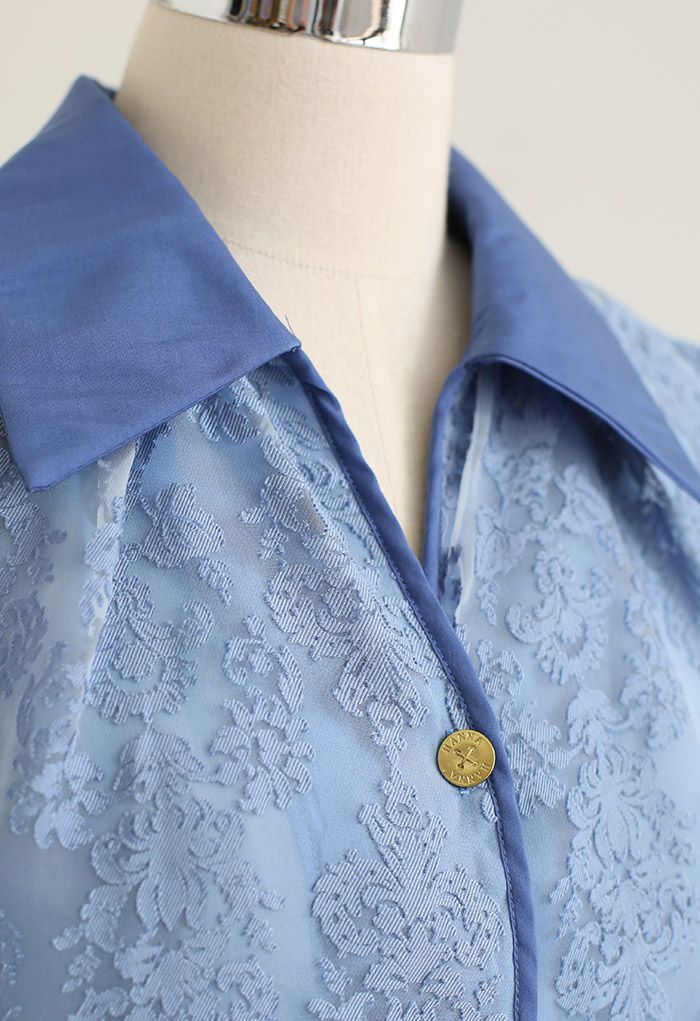 Halbtransparentes Organza-Hemd aus Jacquard mit Blumenmuster in Blau