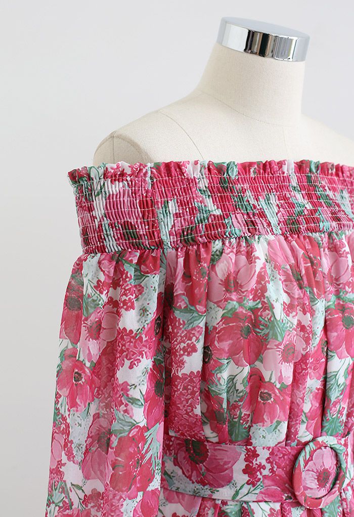 Schulterfreies Chiffon-Minikleid mit Blumenmuster in Rosa