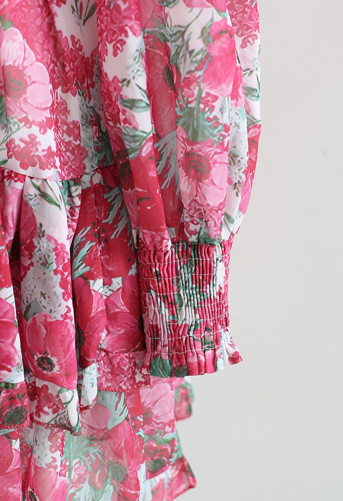 Schulterfreies Chiffon-Minikleid mit Blumenmuster in Rosa