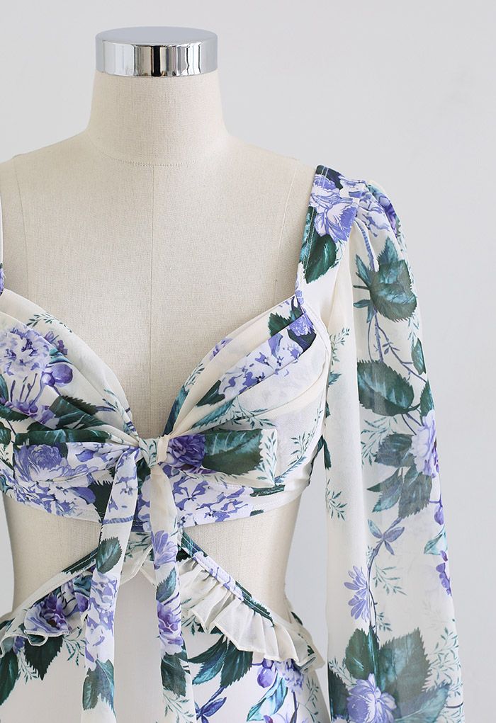 Lila Chiffon-Badeanzug mit Blumenausschnitt an der Taille