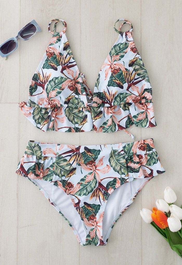 Triangel Bikini Satz mit tropischem Print und Rüschen