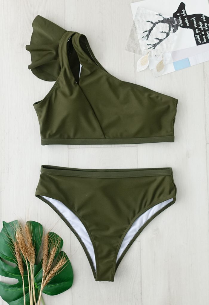 Armeegrünes Eine Schulter Bikini Satz mit gekräuseltem Ausschnitt