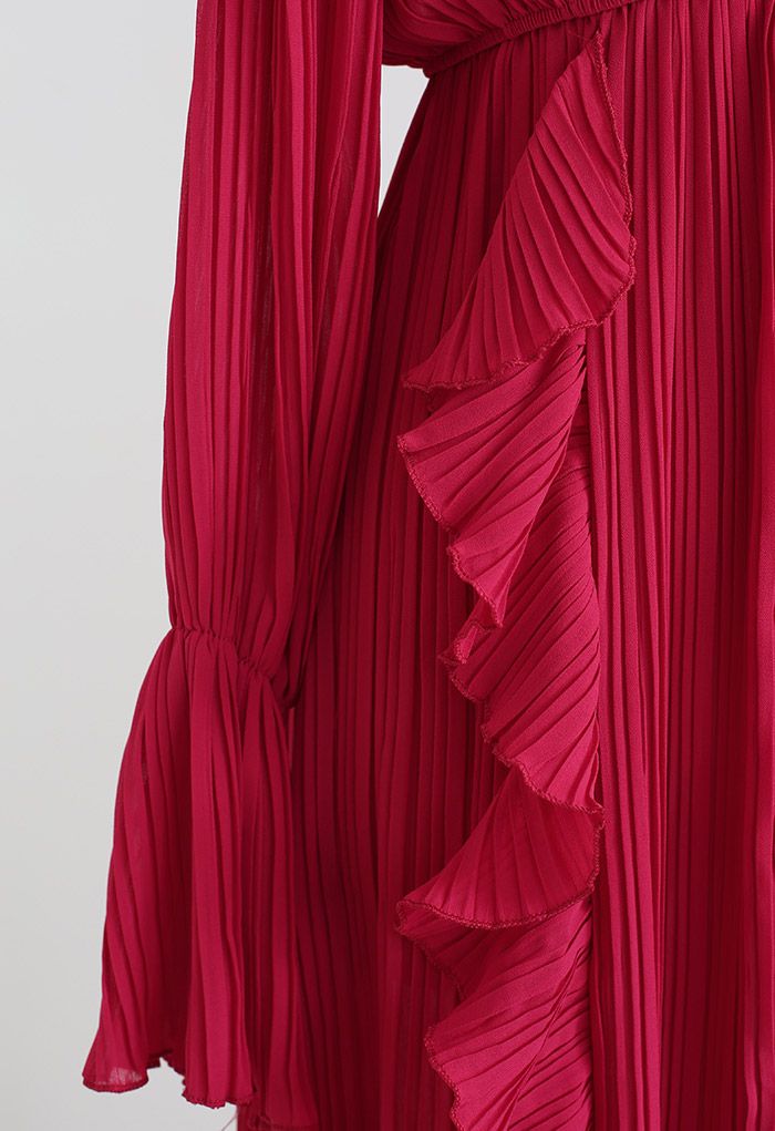 Luftiges, asymmetrisches, plissiertes Chiffon-Maxikleid mit Rüschen in Rot
