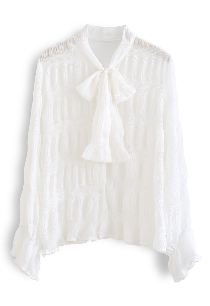 Gerafftes halbtransparentes Hemd mit Bowknot-Ausschnitt in Weiß