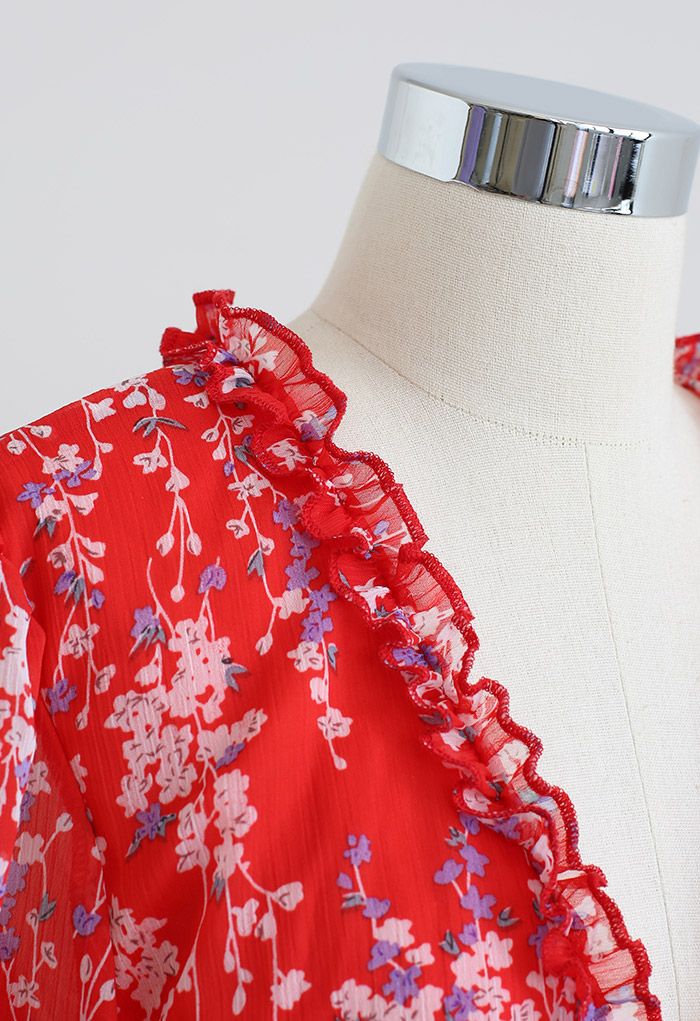 Geblümtes Chiffon-Kleid mit offenem Rücken und Rüschen in Rot