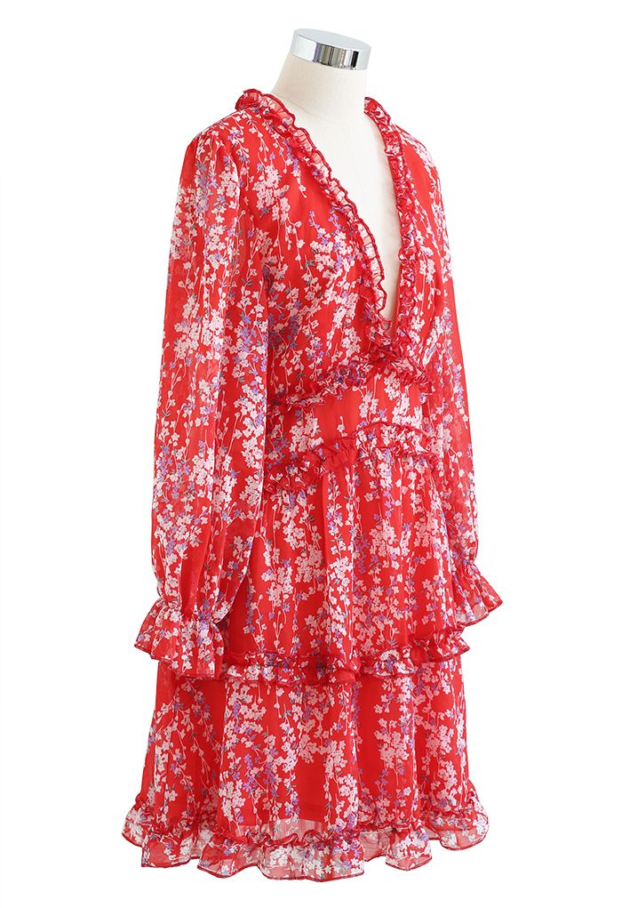 Geblümtes Chiffon-Kleid mit offenem Rücken und Rüschen in Rot
