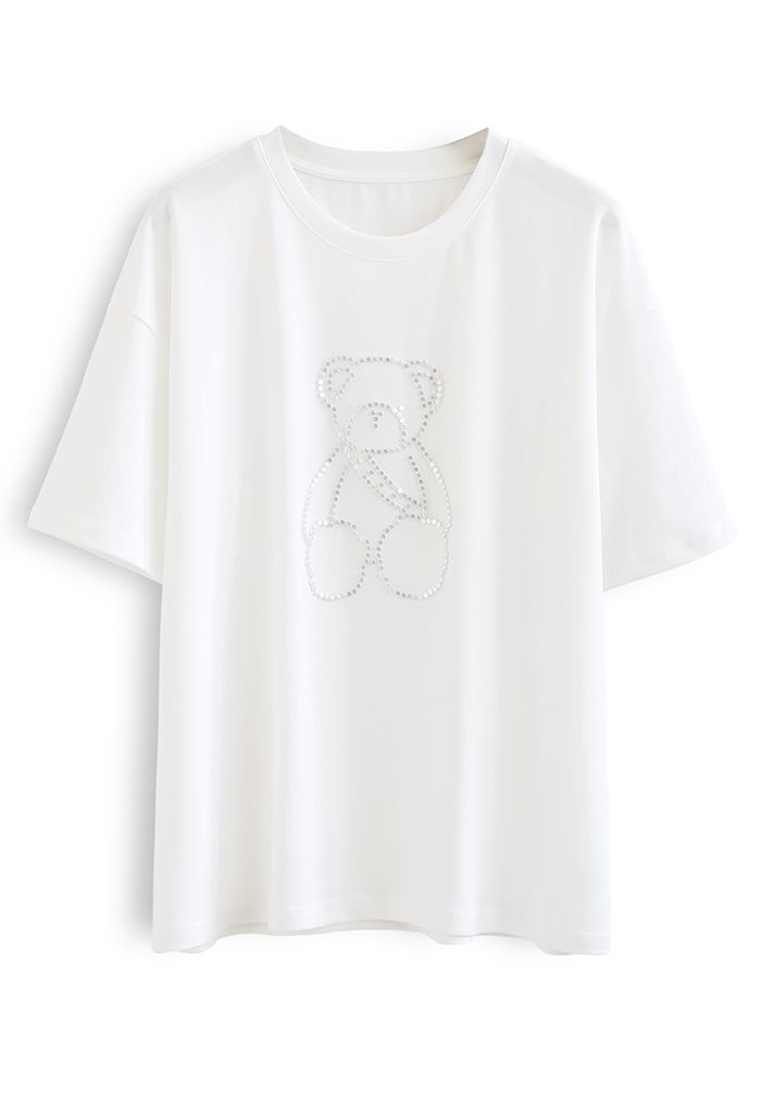 Perlenbesetztes Teddybär-T-Shirt in Weiß