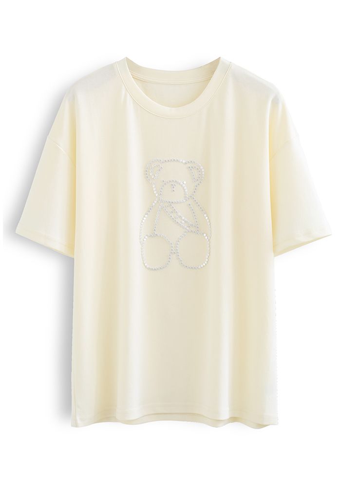 Perlenbesetztes Teddybär-T-Shirt in Hellgelb