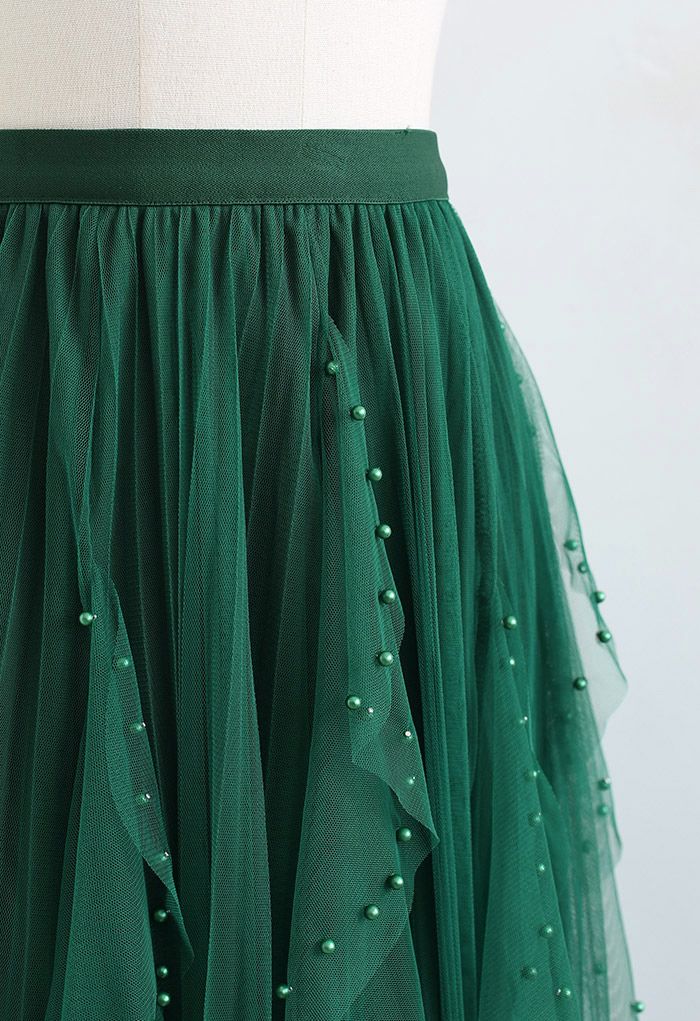 Faltenrock aus Tüll mit verstreutem Perlendekor in Grün