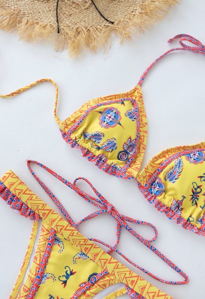Boho Krawatten String Bikini Set in Gelb