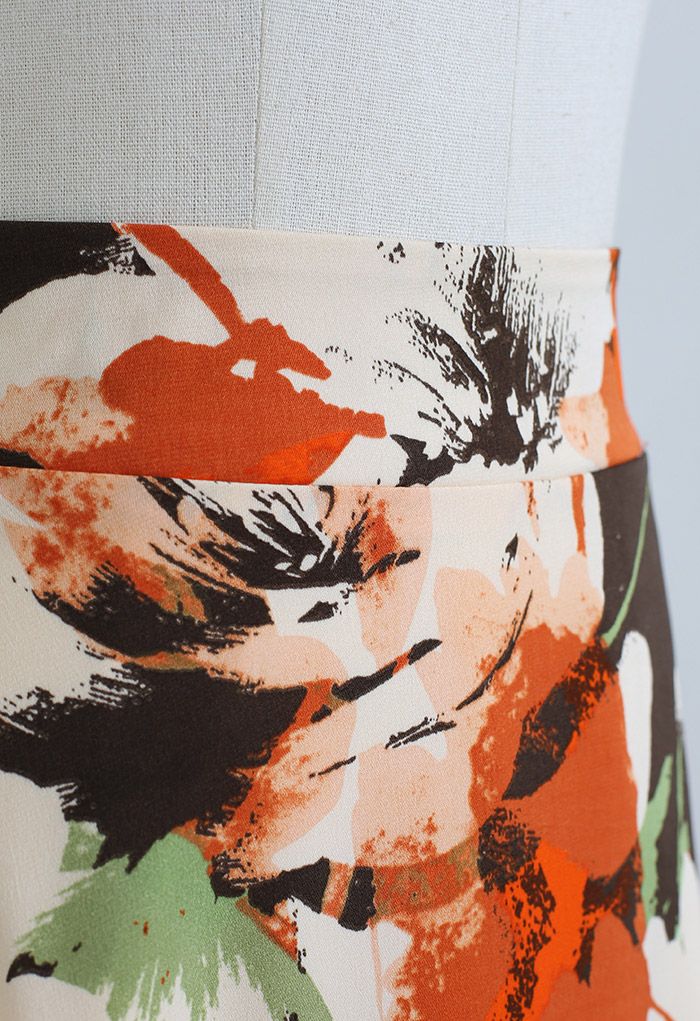 Midirock mit abstraktem Blumendruck in Orange