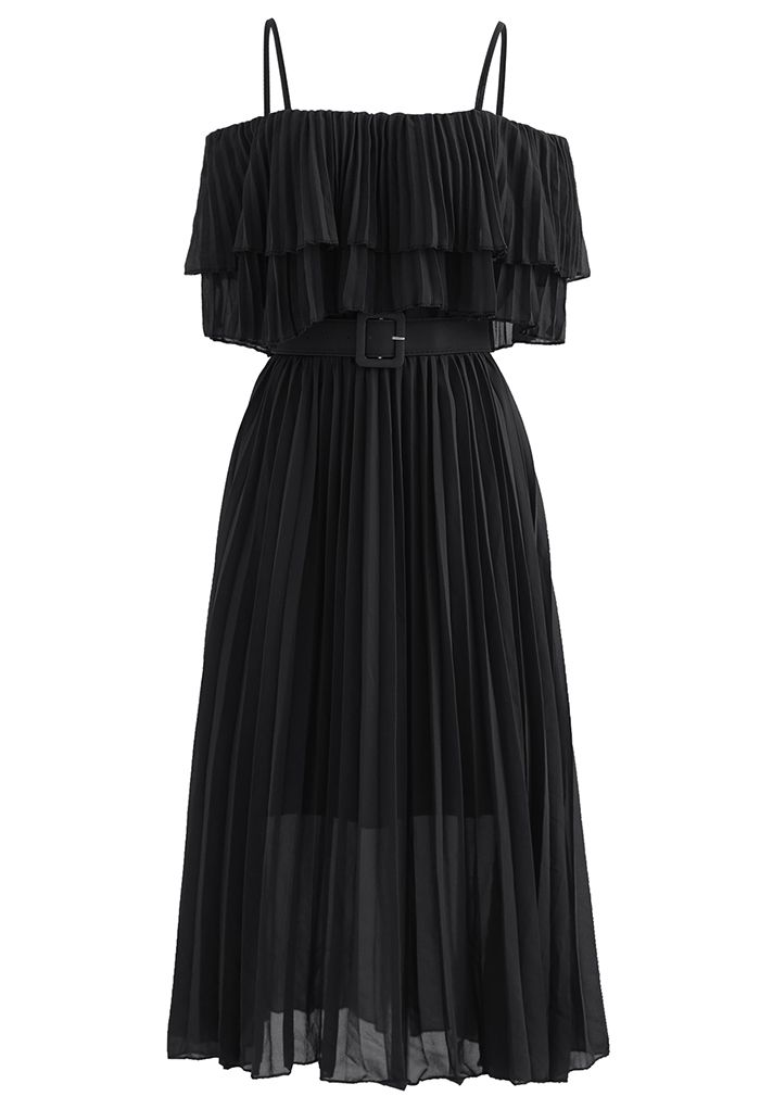 Gestuftes, schulterfreies, plissiertes Kleid mit Gürtel in Schwarz