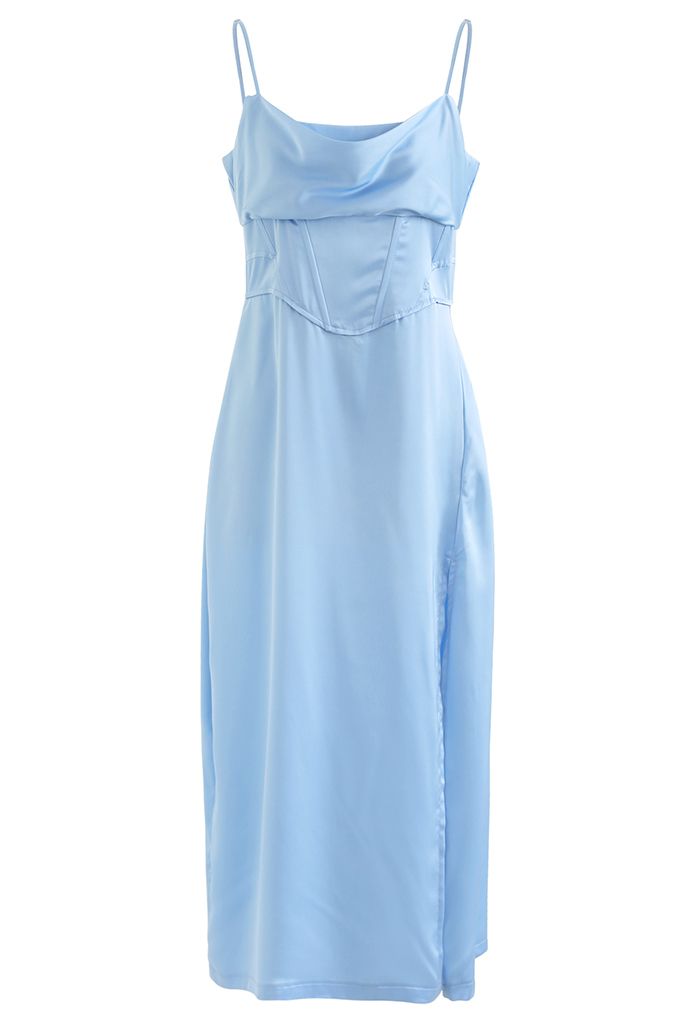 Cami-Kleid aus Satin mit Wasserfallausschnitt und Korsett-Taille in Blau