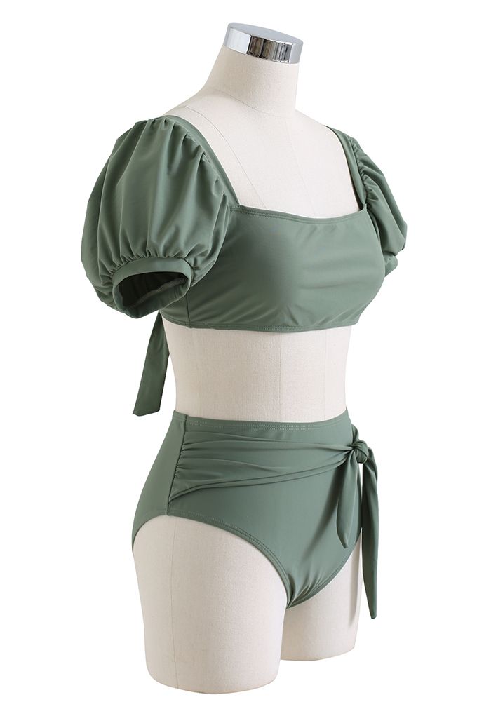 Bikini-Set mit eckigem Ausschnitt und Knoten in Armeegrün