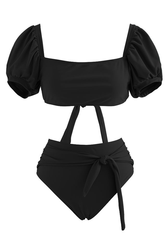 Bikini-Set mit eckigem Ausschnitt und Knoten in Schwarz