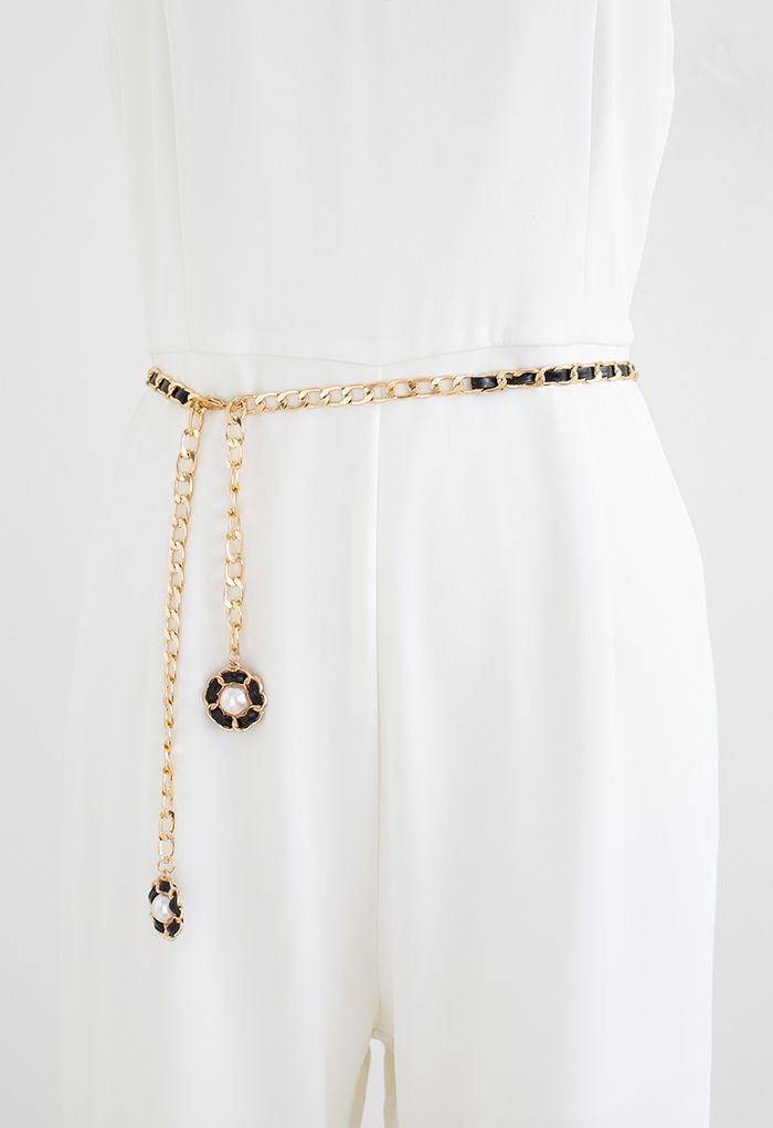 Blumen-Perlen-Kunstleder-Gürtel mit goldener Kette in Schwarz