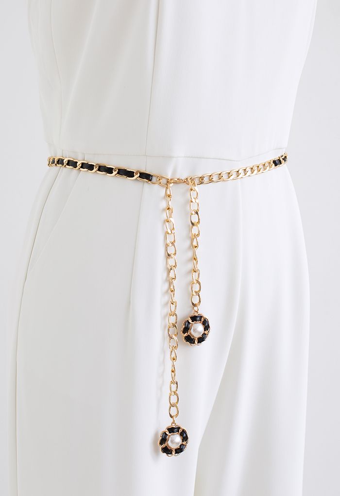 Blumen-Perlen-Kunstleder-Gürtel mit goldener Kette in Schwarz