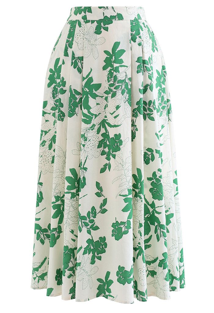Grüner Baumwoll-Midirock mit Seitentaschen und Blumenmuster