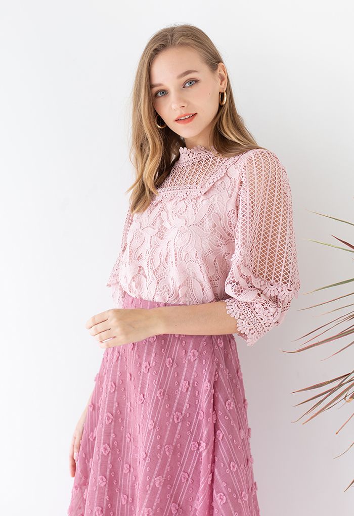 Gehäkeltes Blossom Puff Sleeve Top in Pink
