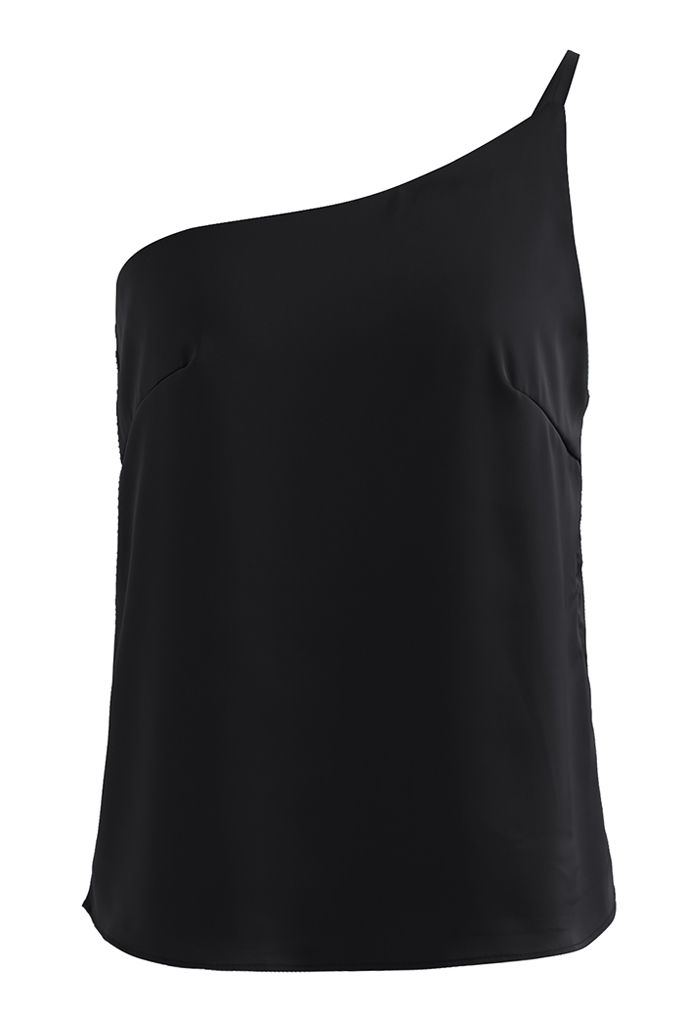 Stilvolles Cami-Top aus Satin mit einer Schulter in Schwarz