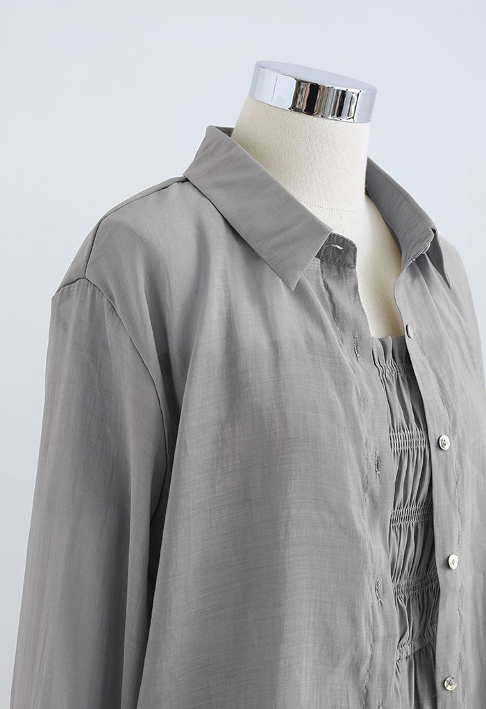 Set aus Playsuit und Hemd mit gerafftem Krawattenhals in Grau