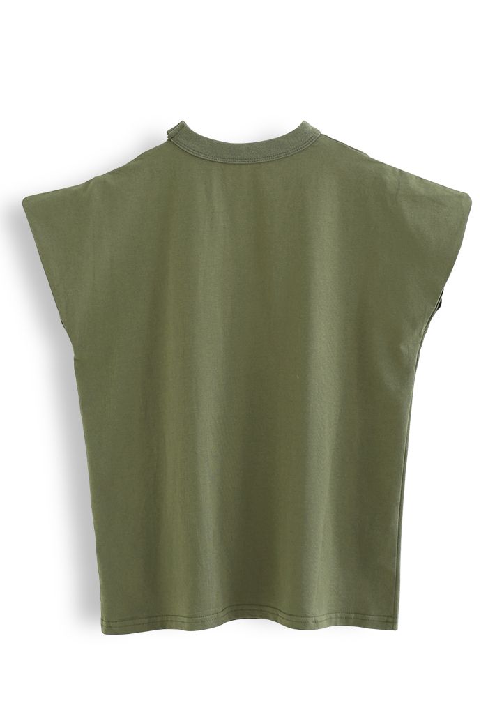 Chokerärmelloses Baumwoll-T-Shirt mit V-Ausschnitt in Armeegrün