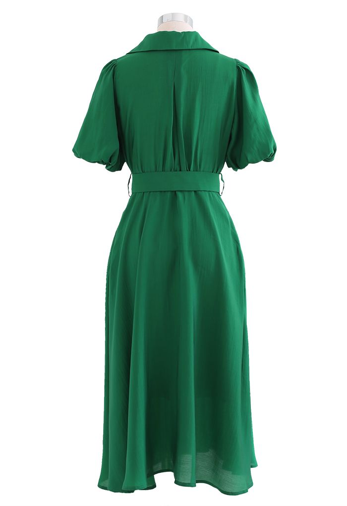 Zweireihiges Trench-Kleid mit Puffärmeln in Grün