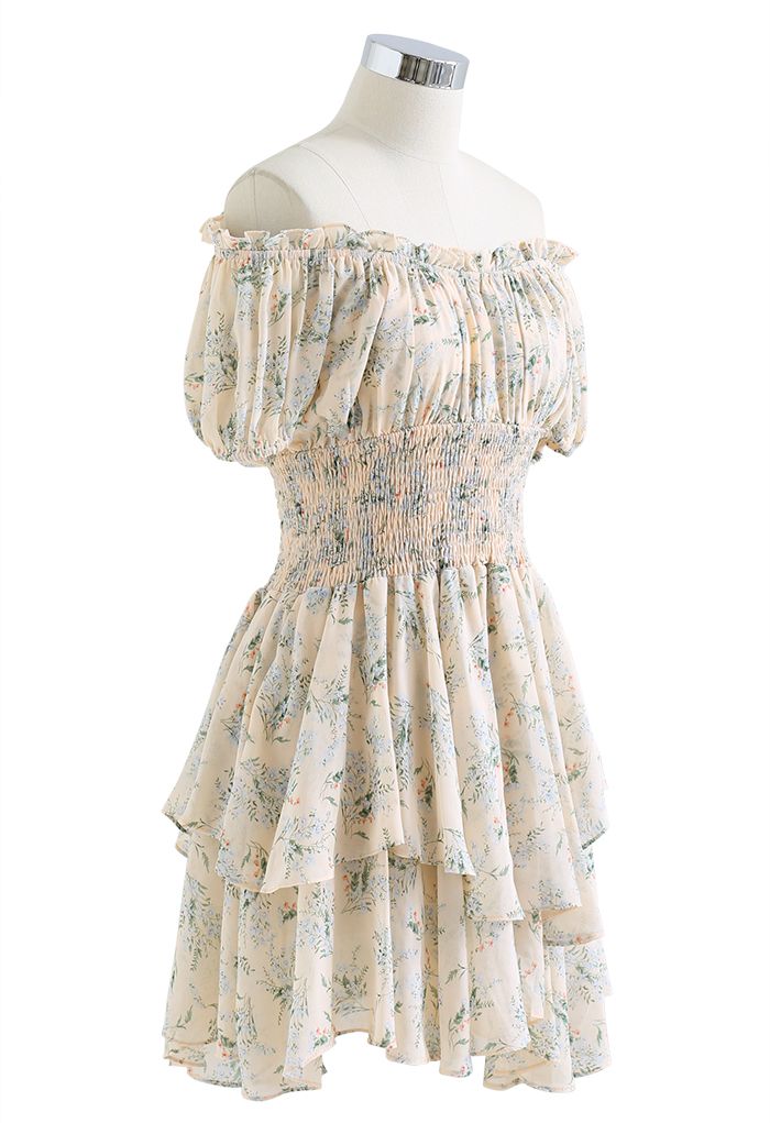 Schulterfreies asymmetrisches Kleid mit Posy Print in Apricot