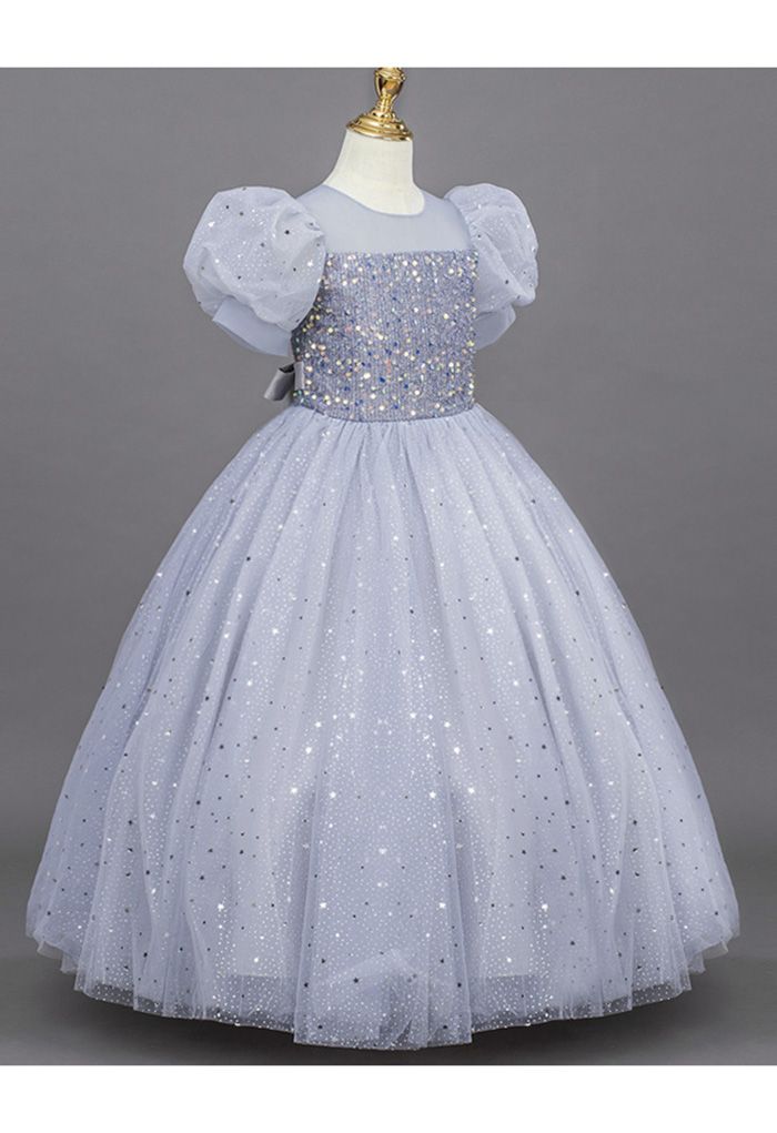 Glitzer-Pailletten-Tüll-Kleid in Babyblau für Kinder