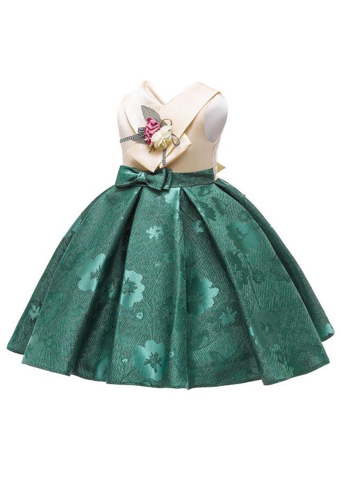 Schleifenknoten Blumen Jacquard Prinzessinnenkleid in Smaragd für Kinder