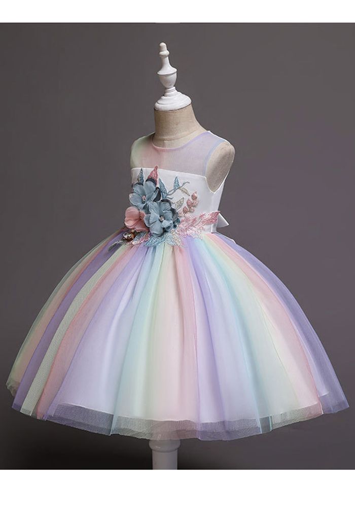 3D-Blumen-Pastell-Mesh-Prinzessin-Kleid in Weiß für Kinder