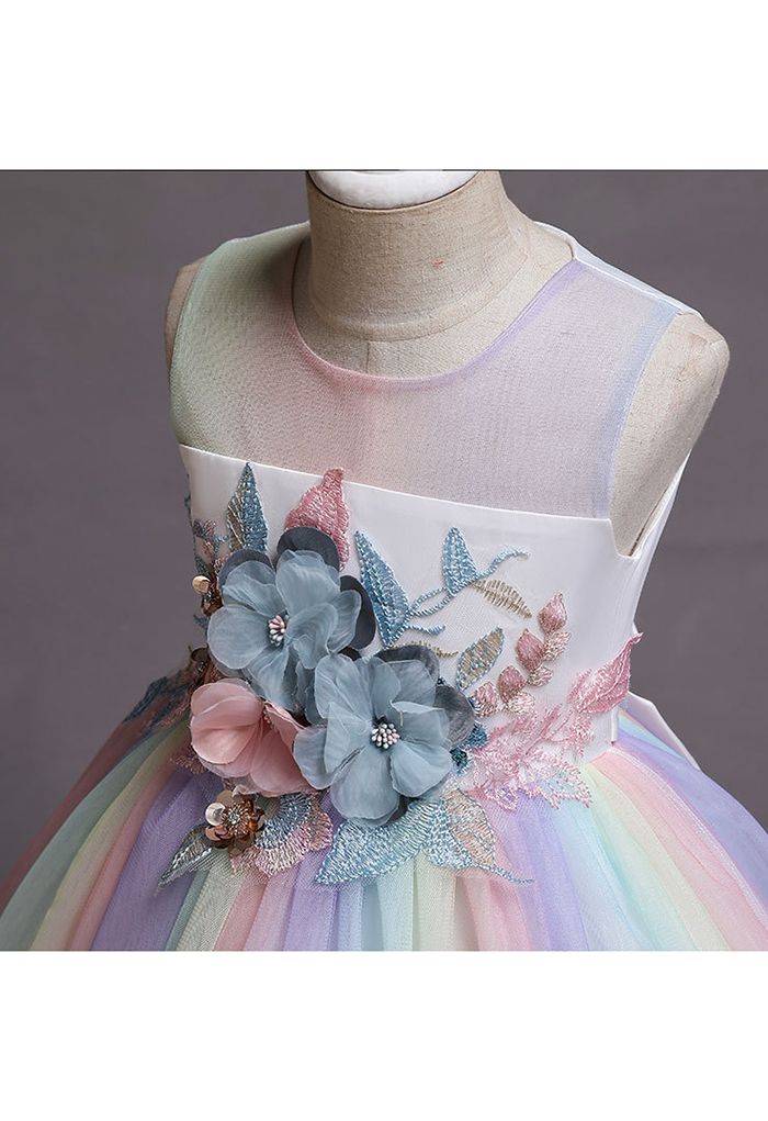 3D-Blumen-Pastell-Mesh-Prinzessin-Kleid in Weiß für Kinder