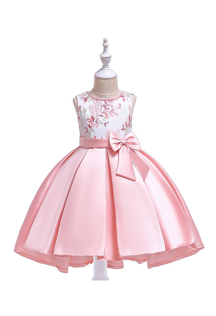 Besticktes Zweig Bowknot Hi-Lo Prinzessin Kleid in Pink für Kinder